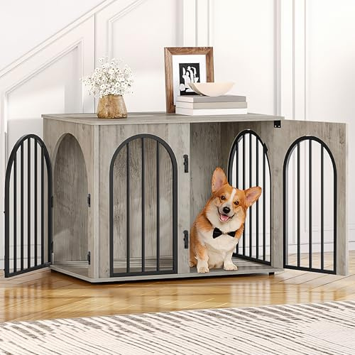 Hzuaneri 80cm Jaula para Perros, Mesa Auxiliar, casa Moderna para Perros, Jaula Perro pequeños para Casa de Madera, Jaula para Cachorros, 3 Puertas, Puerta arqueada, 56 x 80 x 61cm, Marfil Claro