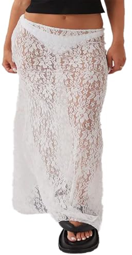 RUIWANBBY Women's Sexy Sheer Lace Maxi Skirt Summer Elegant See Through Sexy Flowy High Waist A-line Long Maxi for Beach Vacation (A-White, M)