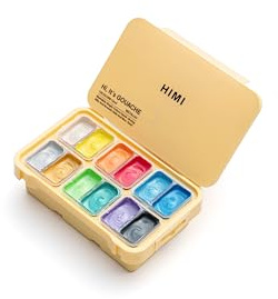 HIMI Twin Cup Gouache Set, 12 Colours, Yellow Case Metallic Edition, Painting, Art Set for Artists, Paint, Brush, Paints Supplies, Travel Artist Gift, Mini Art Paint Essentials