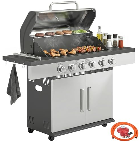 Outsunny 6 Burner Propane Gas BBQ Grill with Warming Rack, Silver