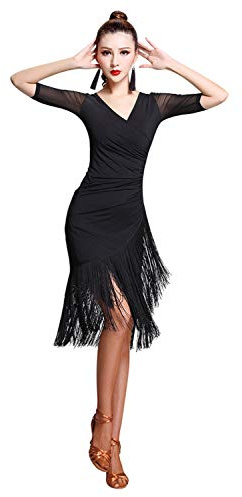 ZX Women's Ballroom Dance Costume V Neck Pleated Long Fringed Tango Salsa Latin Dance Dress with Shorts, Black, Medium