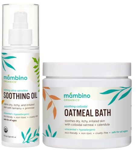 Mambino Organics Calming Skin Set, Oatmeal Bath Soak Powder & Soothing Body Oil, Fragrance-Free with Jojoba & Evening Primrose, Gentle for Babies & Adults, Ultra-Sensitive Skin, Vegan, 11 oz