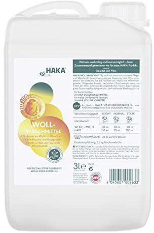 HAKA Wollwaschmittel flüssig, 3L Nachfüllkanister (100 WL), für empfindliche Textilien, schützt Wolle, Kaschmir & Feines, für flauschig-weiche Wäsche, vegan