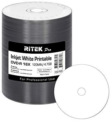 Ritek Pro 100 Pack (Professional Grade) DVD-R 16X 4.7GB AZO Dye (MID MXL RG04) White Inkjet Hub Printable Blank Media Recordable Disc