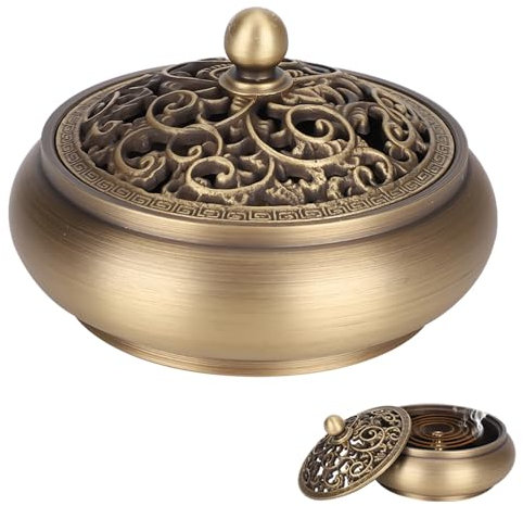 Agatige Bruciatore di incenso in Ottone con Coperchio, Porta incenso Antico Incensiere Bruciatore di incenso Ciotola per Bobine Stick Incenso Home Office Decor