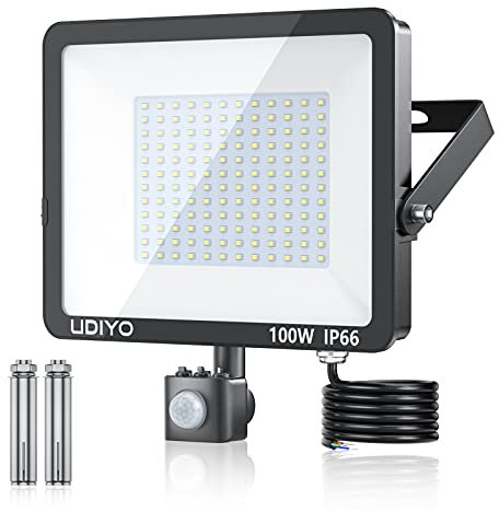 UDIYO Security Lights with Motion Sensor, 100W LED PIR Floodlight, 10000 Lumens Super Bright, LED Flood Lights with 1.5M Power Cable IP66 Waterproof for Garden, Yard, Garage, 6500K