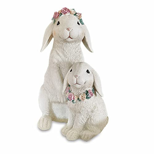 Loberon Hasen Sappos, handbemalt, Osterhasen-Duo mit Blütenkranz, Romantik-Look, Ostern, Osterdeko, Osterfiguren, Polyresin, weiß