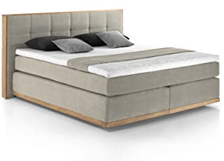 Mivano Boxspringbett Levana/Bett mit Sockel aus Massivholz, 7-Zonen-Federkernen und Topper Premium / H3 + H4 / Liegefläche 180 x 200 / Liegehöhe 59 cm/Chenille, Beige