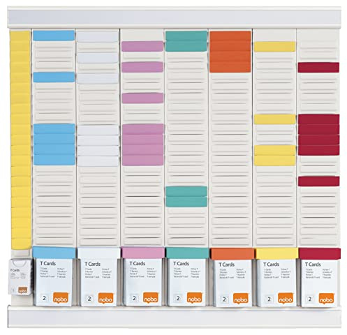 Nobo| Kit Planning Hebdomadaire à Fiches T| Mural| 7 Colonnes & 24 Fentes pour Fiches T Indice 2| Fiches T Colorées / Colonne Index Incluses| Blanc| 1915627