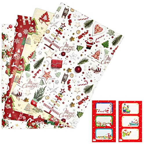 ARKRAFT papier cadeau de Noël 90 x 60 cm 4 feuilles XXL + 6 autocollants pour étiquettes (Nat3+Stickers)