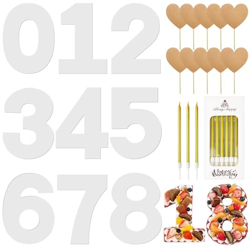 Furuising 9 Stück Zahlenform zum Backen 0-8, 12 Zoll Backform Zahlen Groß, Number Cake Backform, Zahlen Schablonen mit 6 Kerzen, 10 Tortensteckern für Geburtstag Hochzeit Jahrestag Tortendekoration