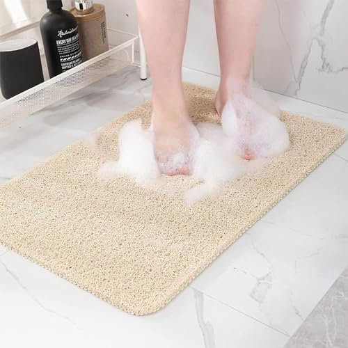 Tapis de Douche antidérapant Beige 40 x 80 cm, Tapis de Bain de sécurité Doux et Confortable avec Trous de Drainage, Tapis de Douche de Massage luffa en PVC pour Zones humides, séchage Rapide