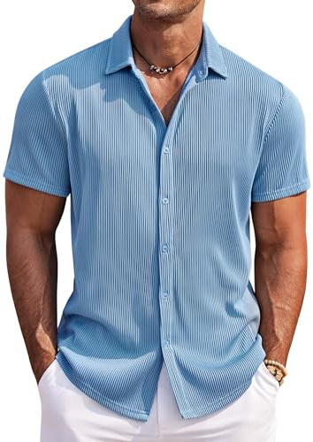 COOFANDY Herrskjorta, kortärmad, normal passform, sommarskjorta, fritidsskjorta, strykfri, buttonad, ledig, strandskjortor, skjorta, blå, L