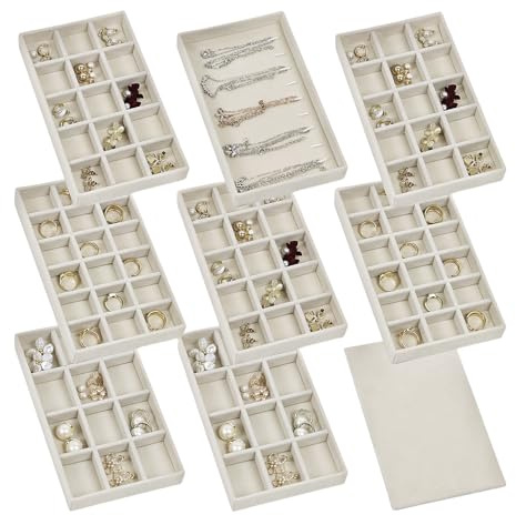 Set of 8 Stackable Jewelry Organizer Trays with 1 Lid for Drawer & Dresser Organizer, Adjustable Velvet Jewelry Box Tray Earring Organizer Necklace Storage Ring Bracelet Display Case (Beige)