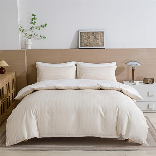 YASMENG Satin Bettwäsche 135x200 Beige Gestreift Bettwäsche Satin Glatt Glänzend Deluxe Weich Seidig Seide Bettbezug Set 2teilig mit Reißverschluss und 80x80 cm Kissenbezug