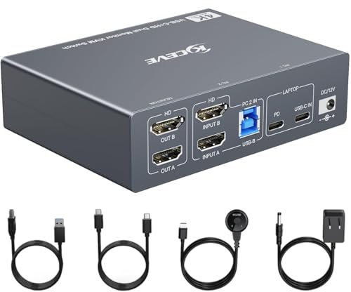 USB C KVM Switch 2 Monitors 2 Computers 4K@60Hz, Dual Monitor HDMI KVM Switch Docking Station for Laptop & Desktop Share two monitor and 4 USB3.0 Ports, 80W PD Charging, with Wired Remote,USB C Cable