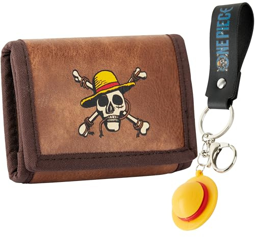 One Piece Portefeuille et Porte Clés Garçon Ado Homme, Set Portefeuille et Porte-Clés Chapeau de Paille, Cadeau Anime