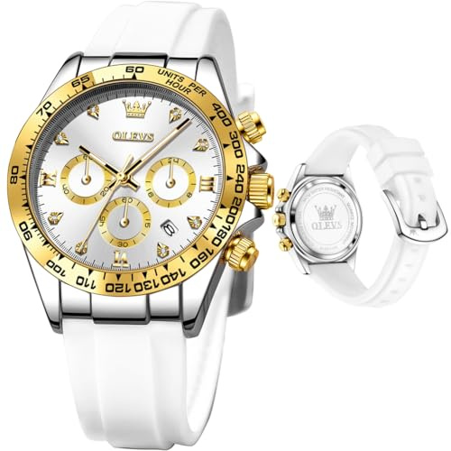 OLEVS Watches for Women Chronograph Fashion Casual Diamond Analog Quartz Watch Silicon Waterproof Luminous Women Watches White Dial