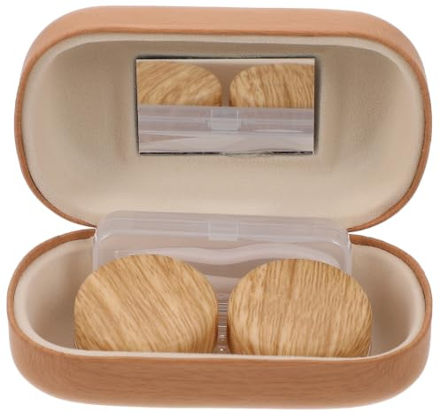 WRITWAA 1 uppsättning Bärbar Kontaktlinsbehållare med Verktyg Retro Läder Trälook Diameter Läcksäker för Resor Vardaglig Användning