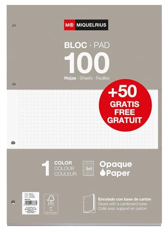 Miquelrius - Blocco di ricarica fogli A4 a quadretti 5x5 mm, 150 fogli da 90 g/m², con perforazioni standard per raccoglitore ad anelli, materiale scolastico, colori grigio