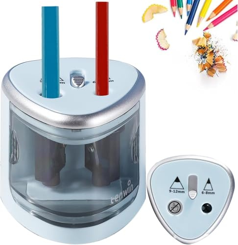 Electric Taille-Crayon Automatique Professionnel, robuste, antidérapant, double trou, automatique, sans fil, avec grand récipient, pour la maison, l'école, le bureau, les enfants et les filles, Bleu