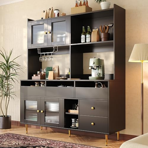 Laxnb Küchenschrank mit Stauraum, Sideboard Kommode mit Schubladen und Glastür, 145x39x171cm Hochschrank mit Arbeitsplatte, Buffetschrank Kitchen Cabinet Wohnzimmer Möbel Anrichte Vitrine (Schwarz)