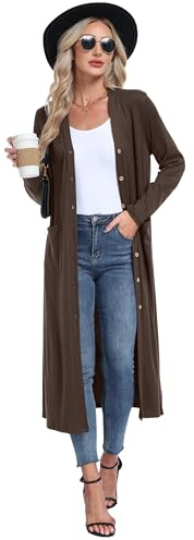 GRECERELLE Womens Long Cardigans Plus Size Long Sleeve Cardigan Ladies Lightweight Outwear Casual Coat with Pockets, Buttons for Women UK