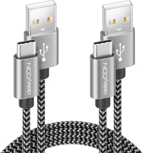 deleyCON USB-C Kabel i SET (2 Styck à 0,5m) 50cm Kort Nylon Laddkabel Datakabel USB Typ C Metallkontakter Ladda & Synkronisera Mobil & Smartphone | Kort 50 cm, USB typ C, metallkontakt, laddning och synkronisering av mobiltelefon och smartphone