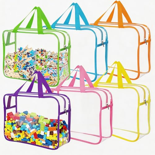 6 Pack Toy Storage Bags with Zipper, Waterproof PVC Toy Organizer Bags | Reusable Clear Travel Organizer Bags with Labels for Board Game, Building Blocks, Kids Books, Puzzles Storage