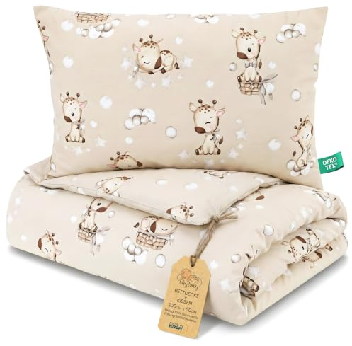 Barntäcke utan överdrag Set 60X100 cm + 60X40 cm bomull – baby täcke med kudde för babysäng spjälsäng småbarn – filt barnfilt Oeko Tex lätt andas varm mjuk hela året Giraffer