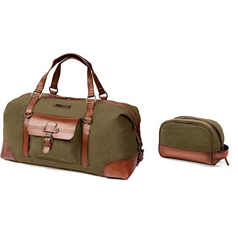DRAKENSBERG Set/2 Reisetasche 'Sam' & Kulturbeutel 'Glen' - Weekender Herren, Damen mit passender Kulturtasche, Canvas, Leder - Oliv-Grün, DR-SET-905