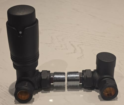 Lagkontroller matt svart hörn TRV termostatventiler vinklat set par 15 mm x 1/2 tum