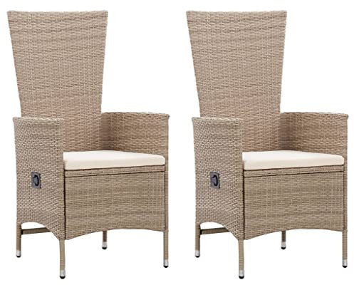 KOIECETA 2X Gartenstuhl mit Auflagen Relaxstuhl Sessel Sonnenliege Stuhl Hochlehner Gartenmöbel Rattansessel Poly Rattan (Verstellbare Rückenlehne, Beige)