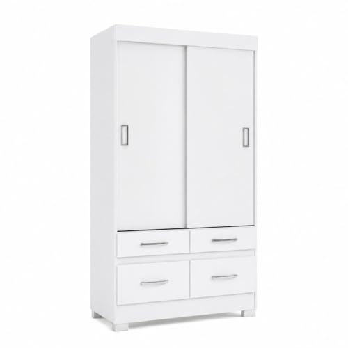 Befara Armoire À Portes COULISSANTES ET 4 TIROIRS Elias, Blanc, 109,5 x 48,5 x 200,5 cm, Armoire à Portes coulissantes Blanche avec Quatre tiroirs, Barre de Suspension et étagères