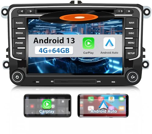 Hexinex 7 Pollici Android (4+64GB) Autoradio 2 Din con 4G SIM CarPlay Android Auto per VW Golf 5 6 Polo Passat Skoda Seat Tiguan, Car Radio Lettore CD Bluetooth SD GPS Comandi al Volante