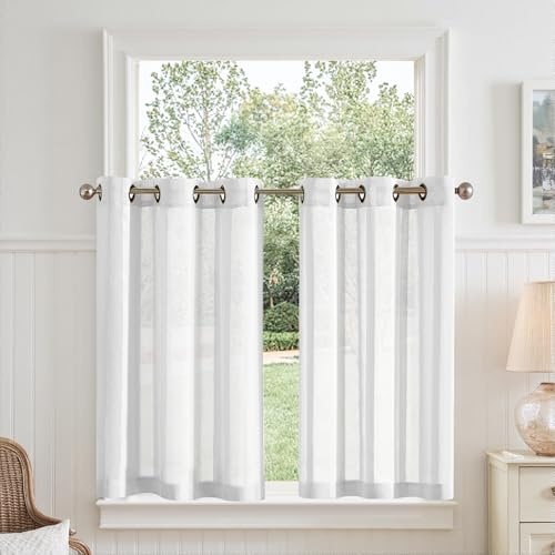 TOPICK White Striped Voile Kitchen Curtains for Living Room Bathroom Bedroom Cupboard 24 Inch Drop Pinstripe Cafe Curtains Sheer Small Window Drapes Eyelet 2 panels