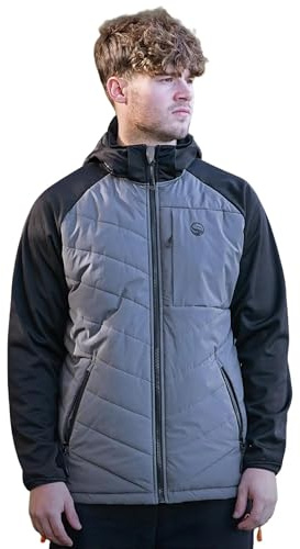 Korda Guru Hybrid Jacket Charcoal Large, Match Fishing Winter Puffa with Polar Fleece Arms and Hood, Body, Lightweight, Unrestricted Movement, Hollow Fibre Warmth, Zipped, Pockets, Code GCL342
