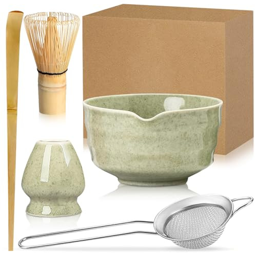 Exquilnova 5 st matcha vispset med matchaskål, matcha visphållare, matcha-wisk, matcha-sked och matcha-sikt, matcha startkit för matcha teceremoni (Matcha grön)