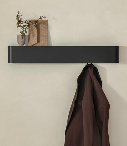 Kazai. Wandgarderobe 'Tone' | Moderne Garderobe mit versteckten Jackenhaken und Ablage | Design Flur-Garderobenleiste aus Metall | Hakenleiste Wand-Montage | Schwarz