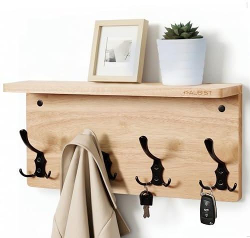 HAUSIST Wandgarderobe mit Ablage, Wandregal mit 4 Dreifachhaken Kleiderhaken, Eichenholz Massivholz Garderobenhaken Holz für Flure, Schlafzimmer, Wohnzimmer und Bad, Küche, Moderner