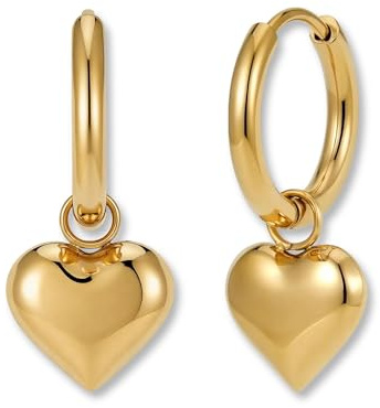 Aros dorados con colgante – Pendientes de corazón para mujer de acero inoxidable 316L chapado en oro 18K – resistentes al agua – pendientes colgantes (14 mm)