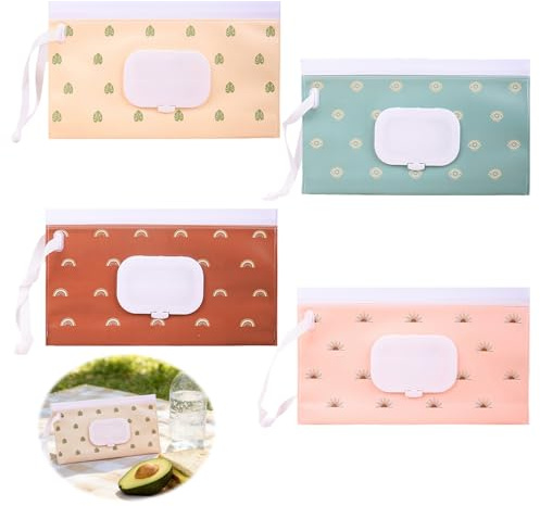 Pack de 4 bolsas para toallitas húmedas, contenedores para toallitas húmedas, prácticos para viajes, bolsas ligeras para toallitas húmedas, ideales para viajes, color rosa, verde, marrón y beige