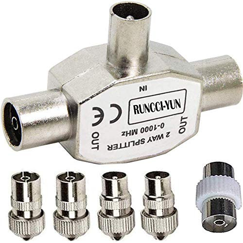 RUNCCI-YUN koaxial verteiler 2-Fach,Antennen Satelliten Verteiler 0-1000 MHz für DVB-T/BK,T-Adapter Verteiler für Kabelfernsehen+5 xTV-Antennen-Koaxialstecker