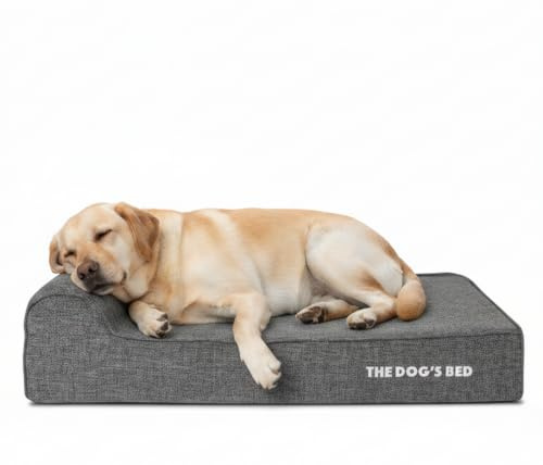 The Dog’s Bed – Orthopaedic Memory Foam Bed with Headrest, Waterproof Washable Cover, Anti-Slip Base, Calming Surface – CertiPUR-Certified Foam, Grey Linen, Large, 15cm Thick
