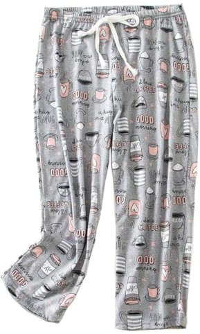 ENJOYNIGHT Pantalon de pyjama court en coton pour femme, Tasse de café, XL