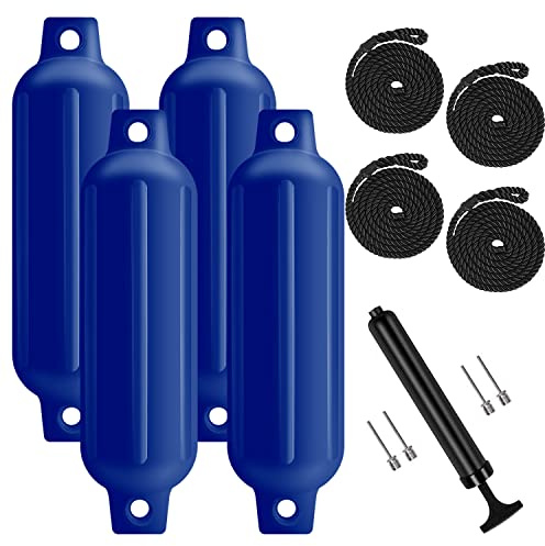 Turmaster Boat Fenders 4 Pack 4.5'' x16'', Ribbed Twin Eyes Boat Fenders Bumpers for Docking, Inflatable Marine Boat Bumper with 4 Ropes, 4 Needles and 1 PumpïŒBlue