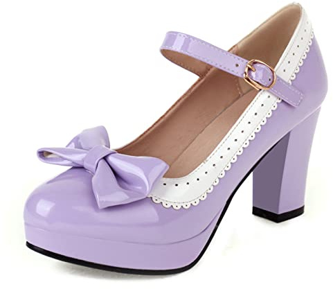 FOREADA Mary Jane Chaussures à talons pour femme avec nœud Lolita Plate-forme et talons hauts Kawaii Robe Bout rond Escarpins, Violet, 5