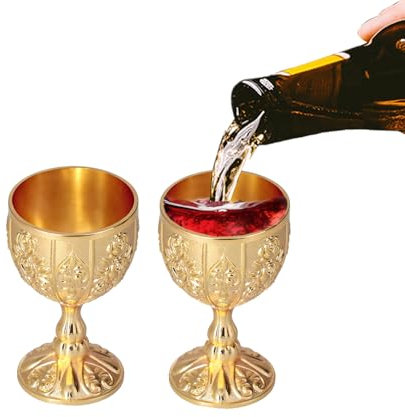 Mittelalterlicher Kelch, 2 Stück 30ml Goldfarbener Vintage Weinglas, Kommunionstasse, Retro Prägung Deko Metall Weingläser, Handgemachte Geprägte Blume Schnaps Becher (Gold)