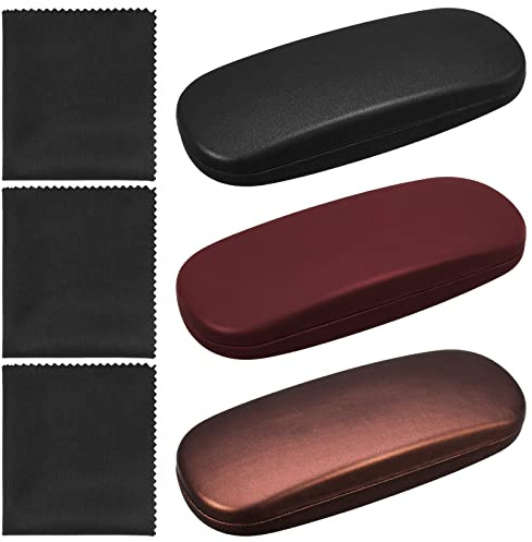 Yorgewd 3 Pack Hard Shell Glasses Case with Microfiber Cleaning Cloth | Retro Leather Metal Eyeglass Case Black Coffee Brick Red