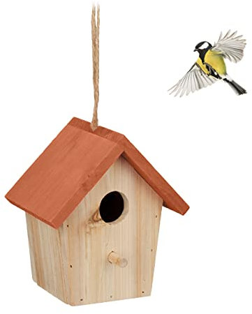 Relaxdays Deko Vogelhaus, Holz, Vogelhäuschen zum Aufhängen, HBT: 16x15x11 cm, Vogelvilla Garten, Balkon, Natur/orange